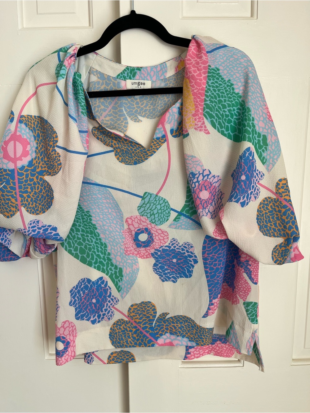 Umgee Cream Floral Puff Sleeve Blouse with Pink & Blue Accents